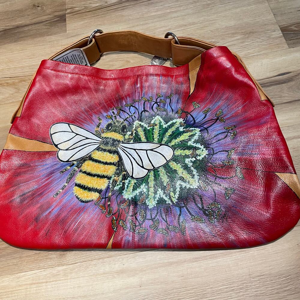 Hand Painted Bumble Bee Leather Hobo Bag Horse bit Anuschka Inspired